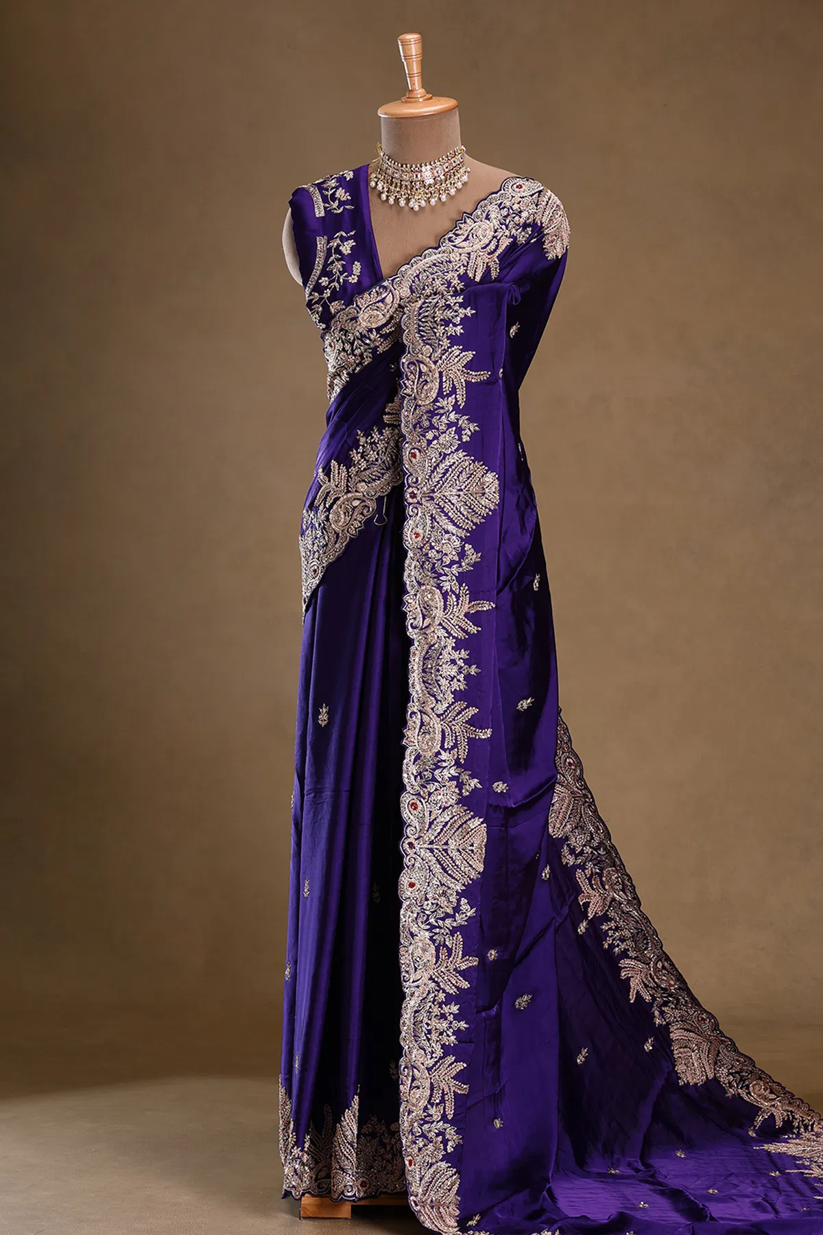 Purple zardosi embroidered satin designer saree